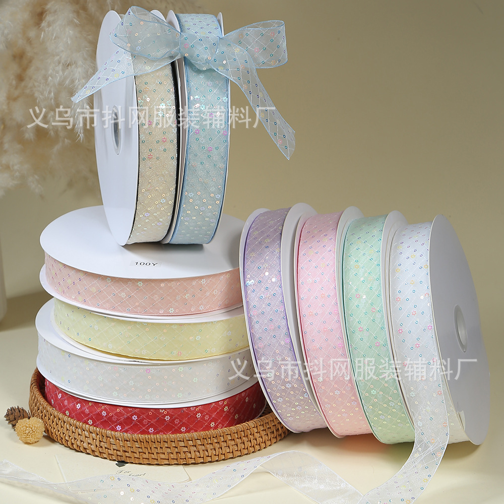 Wholesale of 4cm new grid-printed ribbon sequin children's hair accessory accessories, bow and flower packaging materials