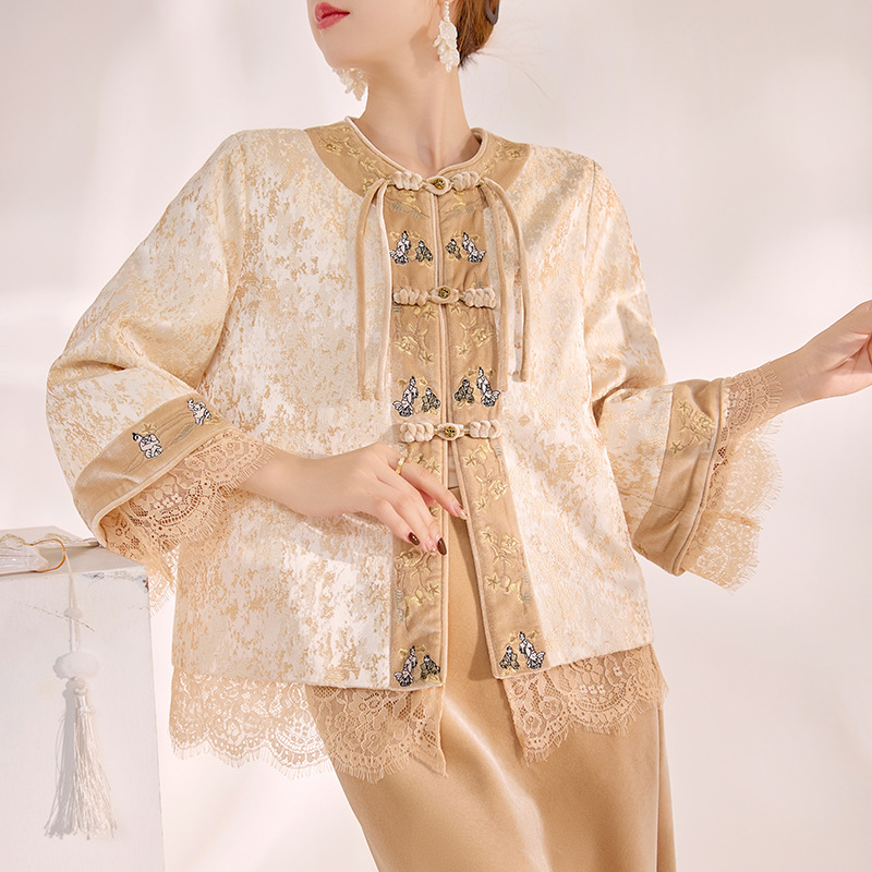 冬季2025新款国风气质轻奢蕾丝袖设计新中式上衣半裙套装女 MX103