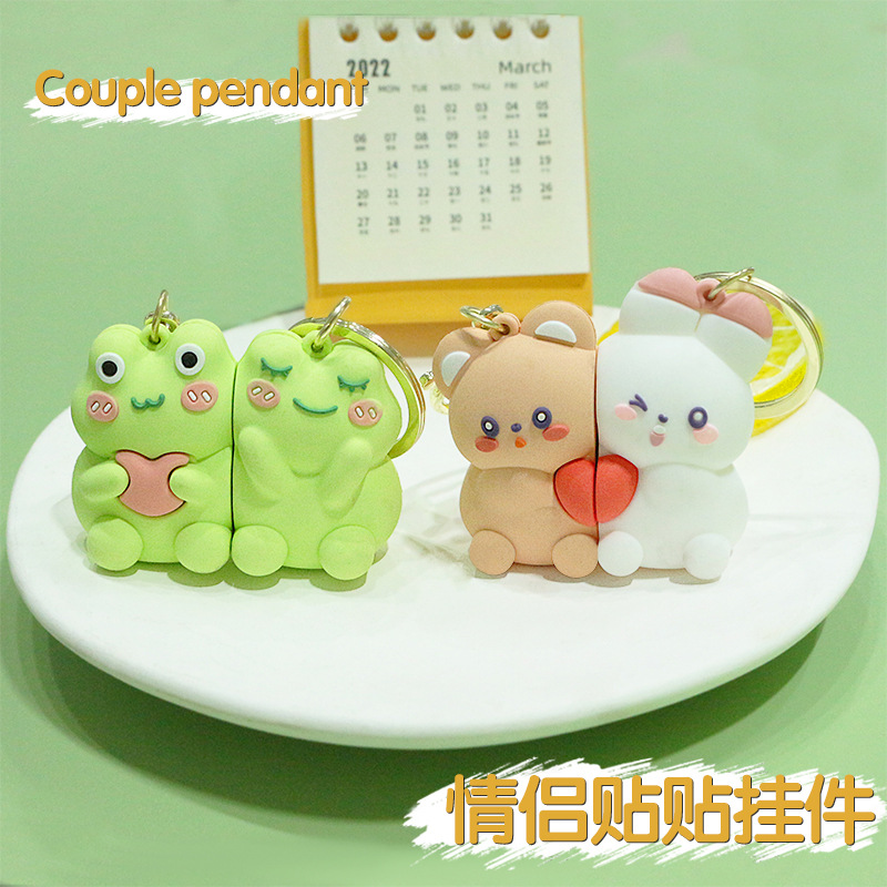 In stock: pvc soft rubber magnetic keychains, creative cartoon frog key chains, couple pendants, plush bear accessories thumbnail