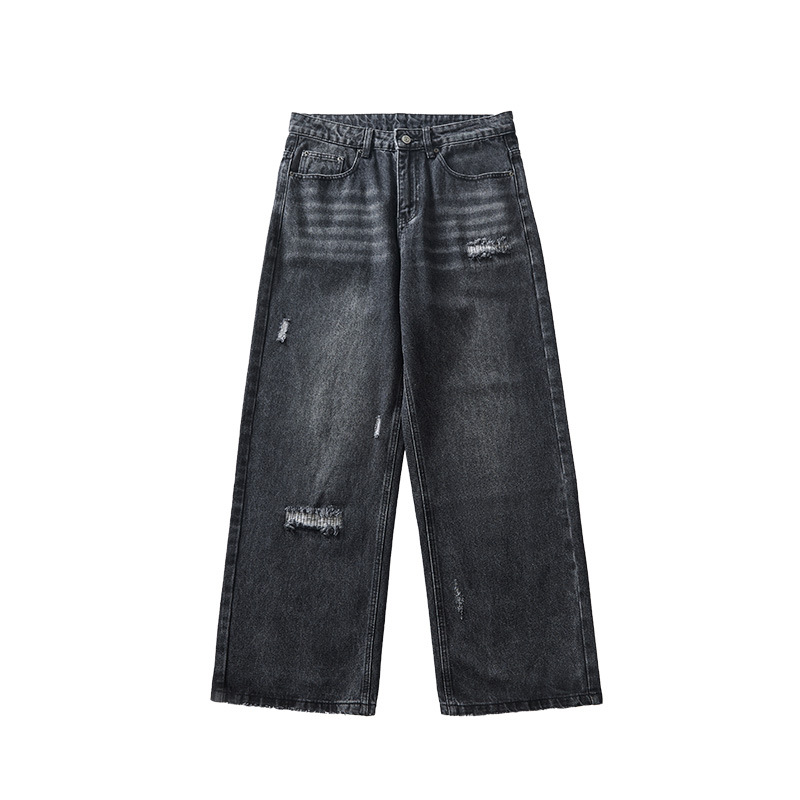 APO Men's Wear: High-end washed jeans for autumn and winter, trendy ripped Korean-style loose straight-leg casual pants Item Picture