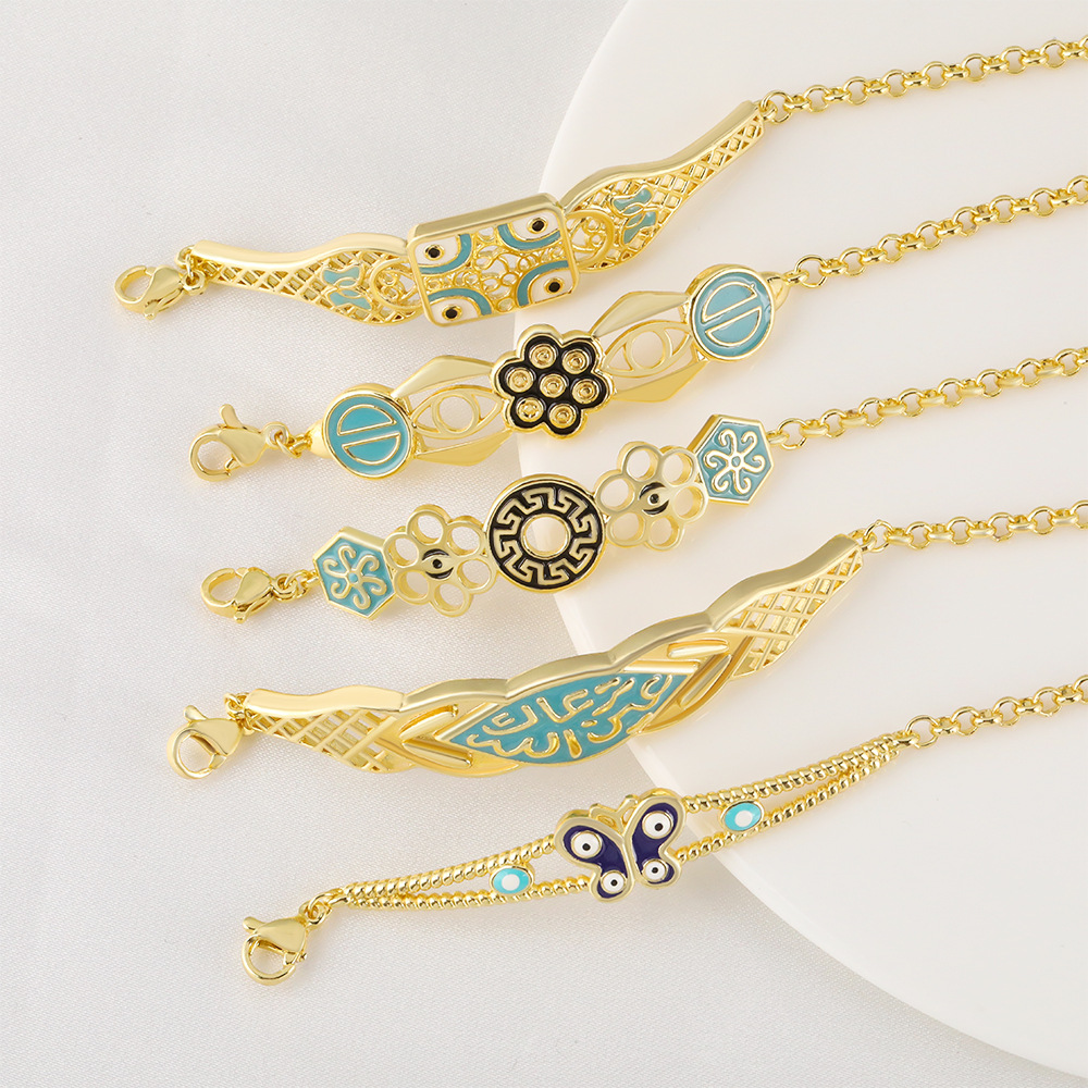 Honglu Cross-border's new product, a 18K gold-plated copper bracelet with oil drops and Bohemian-style eyes, is a niche design accessory for women details Picture