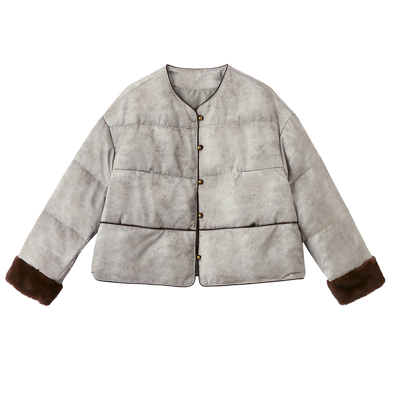 新中式提花羽绒服女2024冬季款毛绒拼接小个子白鸭绒短款外套白底实物图