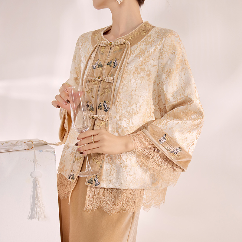 冬季2025新款国风气质轻奢蕾丝袖设计新中式上衣半裙套装女 MX103细节图