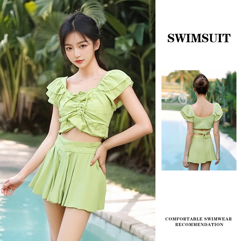 Women's swimsuit 2026 new solid color two-piece set, conservative and pure style, fresh and light hot spring vacation swimsuit 125183