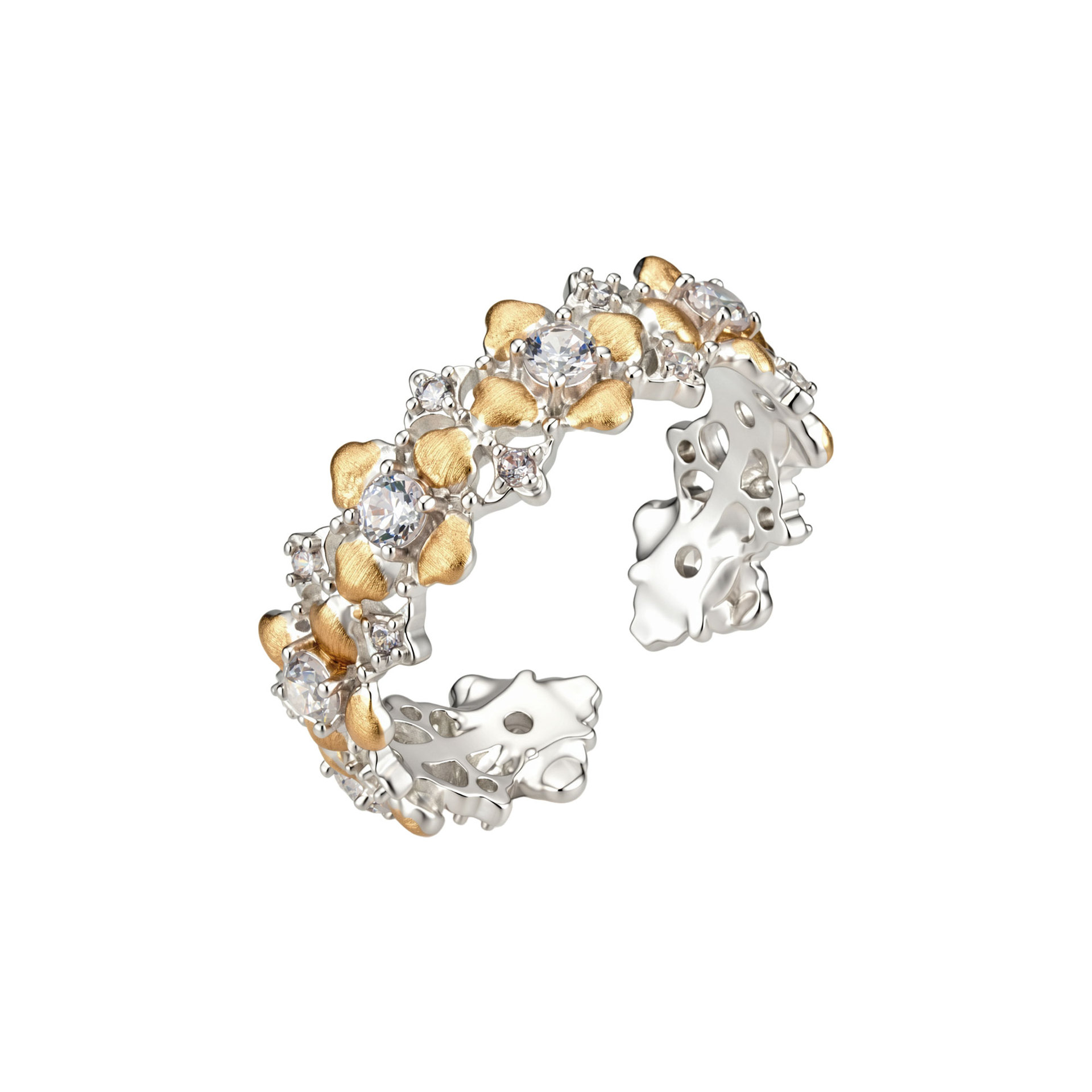 A niche and high-end two-color gold flower open ring, made of copper alloy, real gold electroplated, brushed and zirconium-inlaid adjustable ring Item Picture