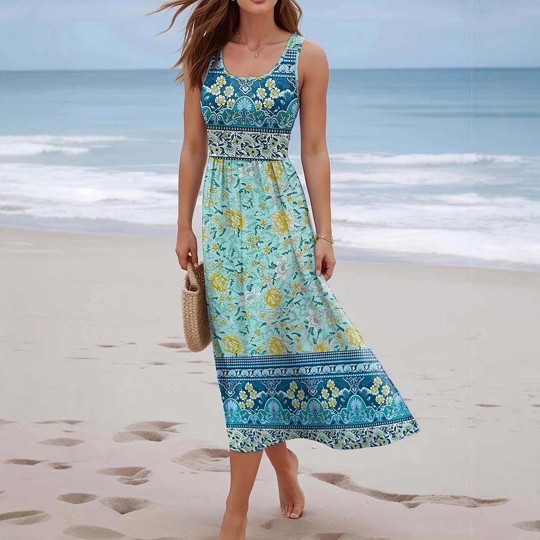 2026 European and American Amazon printed dress, seaside beach sleeveless vest long dress for women details Picture