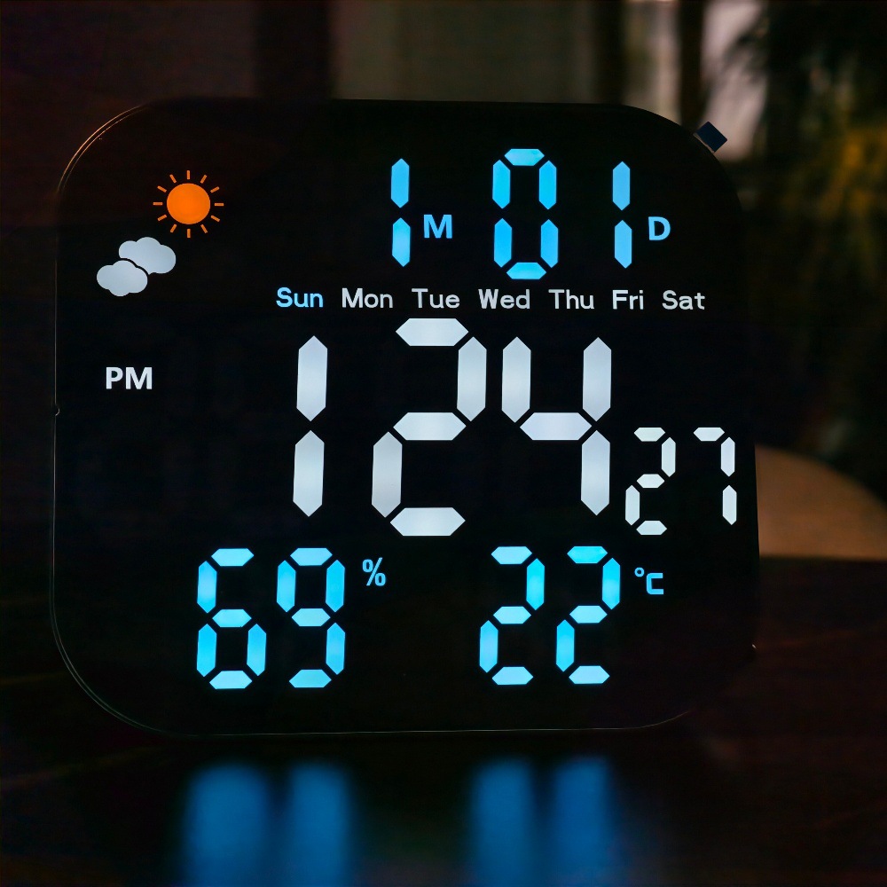 Cross-mirror multi-functional LED electronic clock, living room weather and temperature display, wall clock, can be hung or stand, dual-purpose clock details Picture
