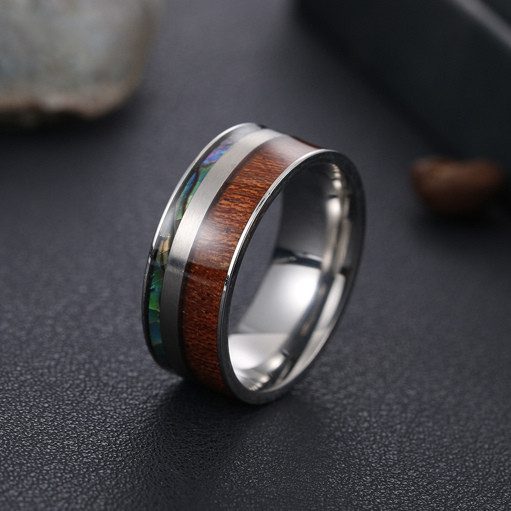 Cross-border best-selling 9MM wide acacia wood and abalone shell men's titanium steel ring, standard US size jewelry wholesale Specification image