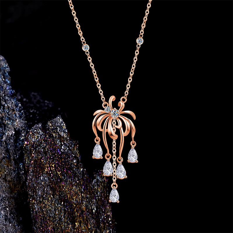 S925 sterling silver vintage small incense style fireworks Moissang tassel necklace, super dazzling, rich gold sense, high appearance level, rose gold chain