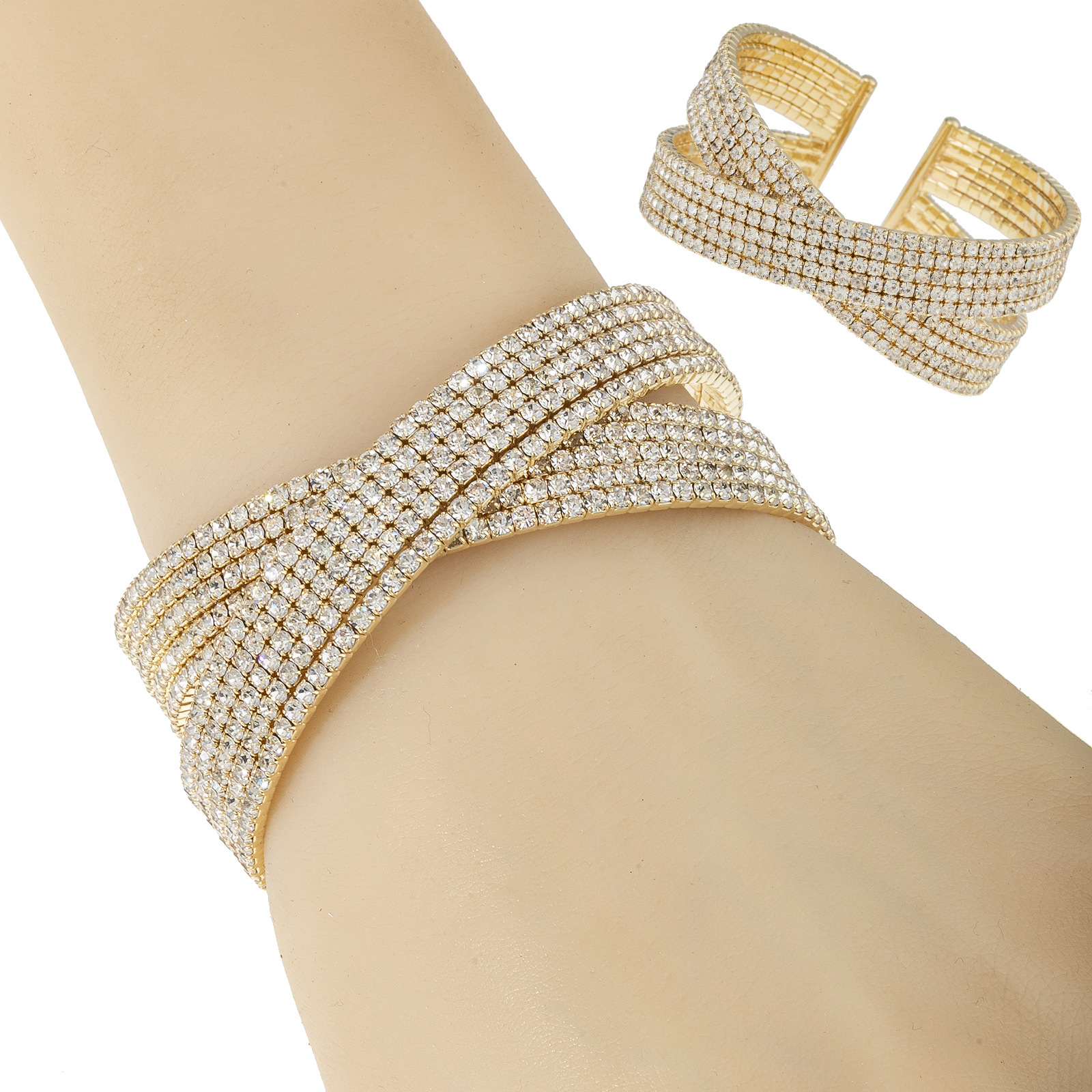 European and American cross-border fashion 8-row rhin cross bracelet, diamond-encrusted three-dimensional luxurious and exquisite elastic open bracelet, a perfect accessory for brides' wedding parties full figure
