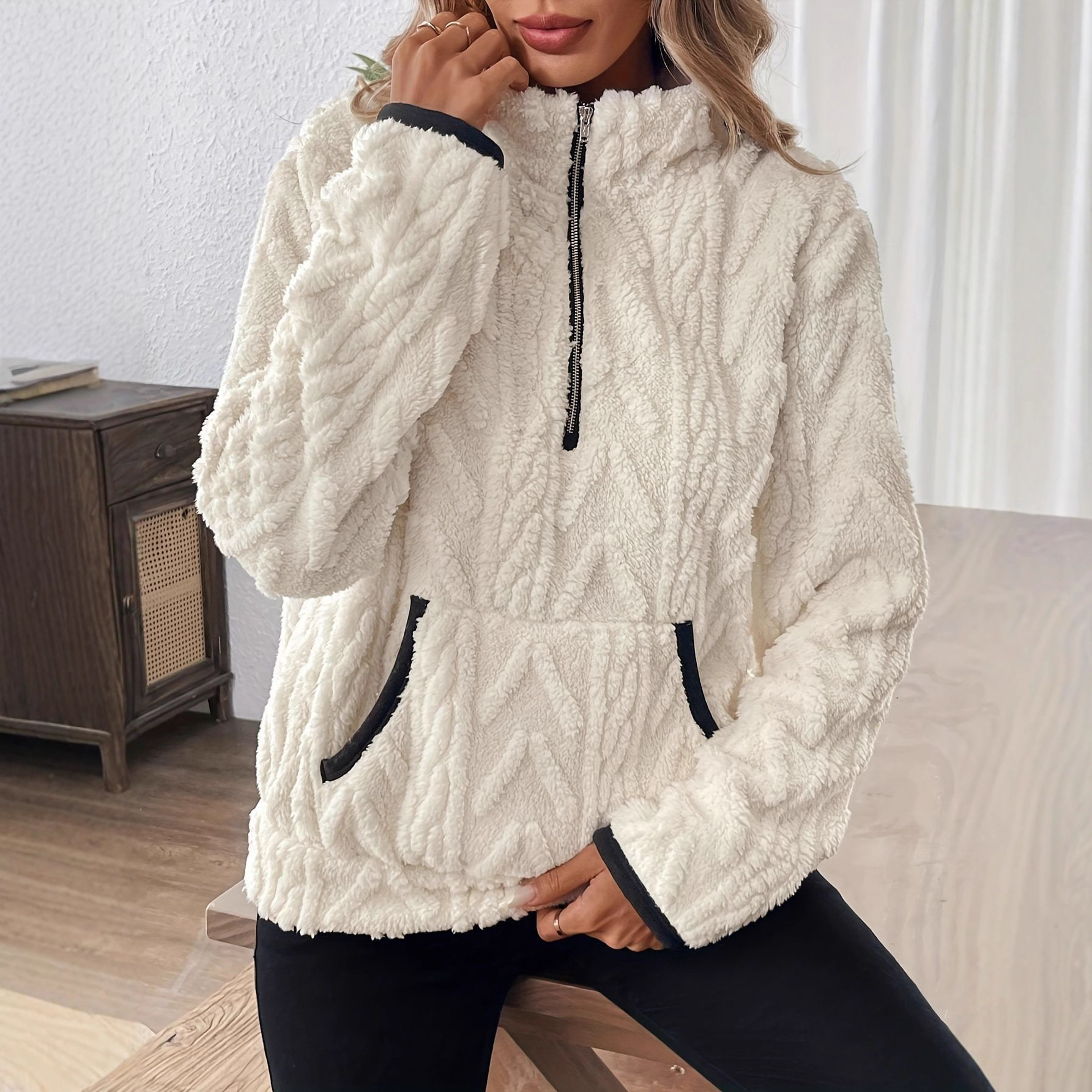 Cross-border 2025 Autumn/Winter new style European and American lapel chanel-style jacquard semi-zipper plush pocket short sweatshirt full figure