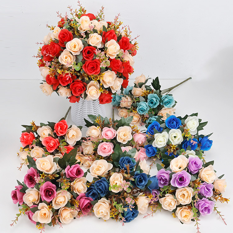 批发仿真花欧式12头小玫瑰假花枝家居装饰婚庆布置花束绢花手捧花