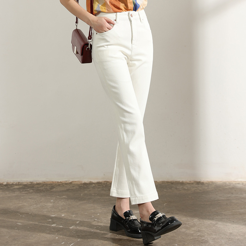 Factory direct sales of new versatile and simple beige cigarette pants, women's four-sided elastic straight jeans, and women's 9-inch pants