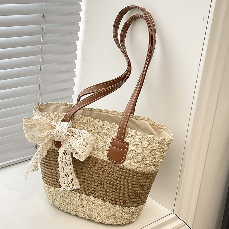 Cross-Border Straw Woven Bag, Large-Capacity New Woven Bag, Simple Straw Woven Handbag, Single-Shoulder Vacation Cotton Rope Commuting Tote Women's Bag, Handcrafted Straw Woven Bag