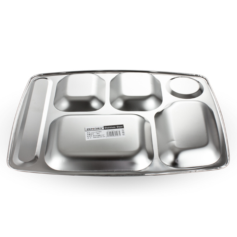 Zhenlong 05 thick stainless steel fast food plate, six-compartment rectangular, canteen, school, factory lunch plate, compartment-divided lunch box Item Picture