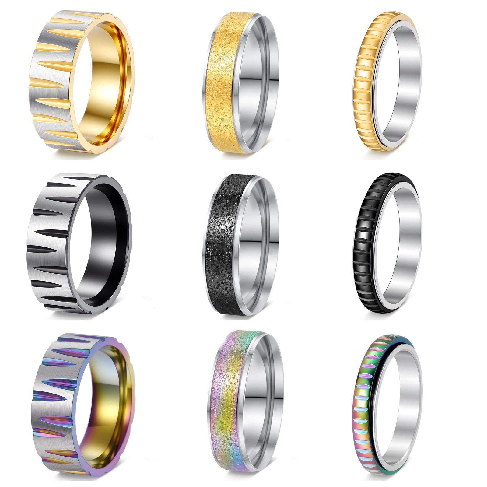 Wholesale of new cross-border best-selling products from Europe and America: Fashionable and versatile seven-color brushed ring, titanium steel conical striped ring Item Picture