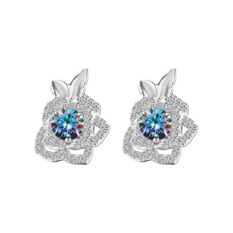 Zhuoheng Select S925 pure silver original Design Rose Double Leaf Full Diamond Mosang earrings with a light luxury and high-end feel Item Picture
