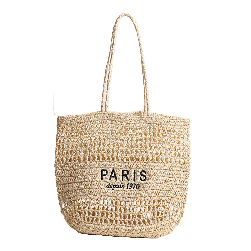 Cross-Border Woven Bag, Letter Embroidery, Single-Shoulder Straw Woven Bag, New Large-Capacity Hollowed-Out Straw Woven Bag, Vacation Beach Bag, Versatile Women's Bag, Tote Bag, Woven Bag