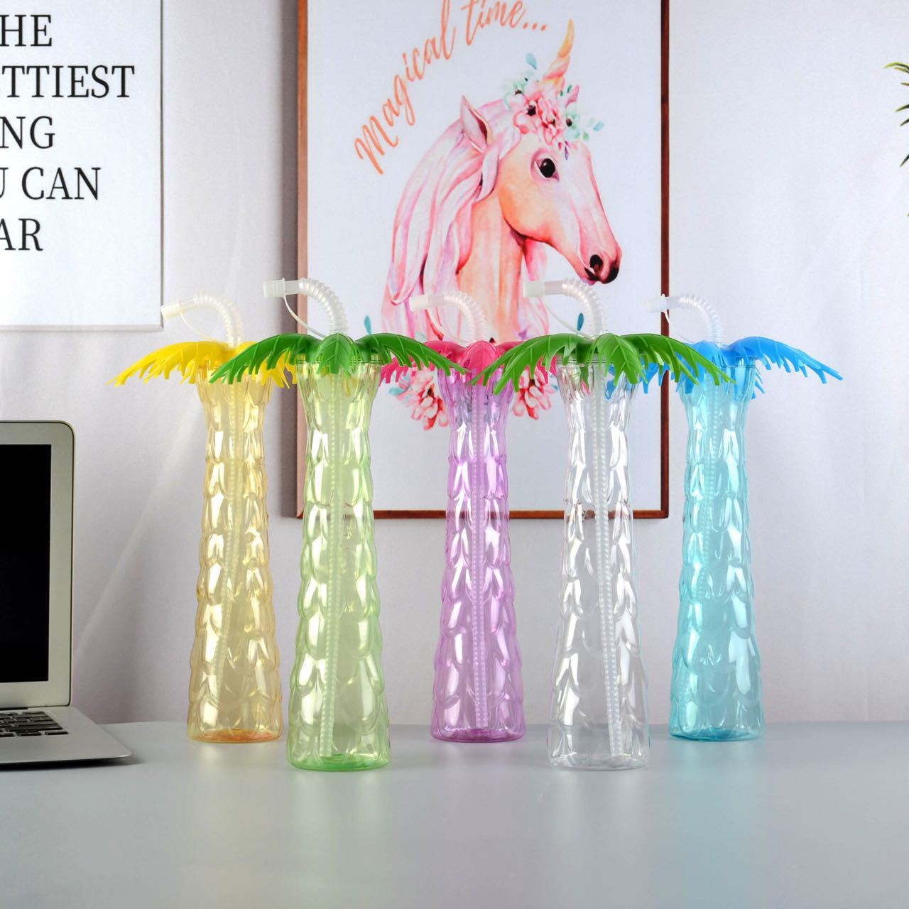 New wholesale PET coconut tree cups, plastic straw cups, disposable juice bottles with lights and personalized designs for cross-border trade Specification image