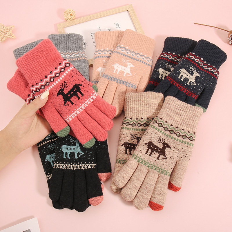 Touch screen gloves for women, winter Korean version, street stall, fleece thickened, cold-proof, deer wool warm knitted gloves details Picture
