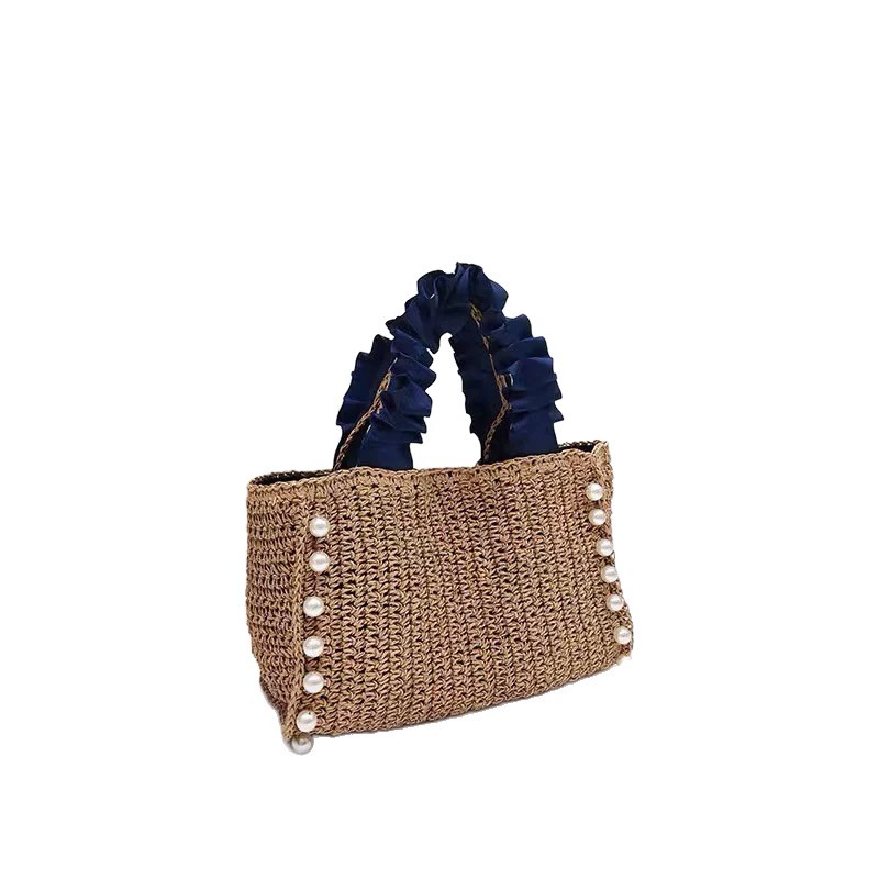 Bolso de paja transfronterizo bolso de paja de mano perla bolso de paja de mano tejido a mano bolso lánguido bolso de mujer bolso de playa de viento vacacional bolso casual tote bolso de paja hecho a mano Item Picture