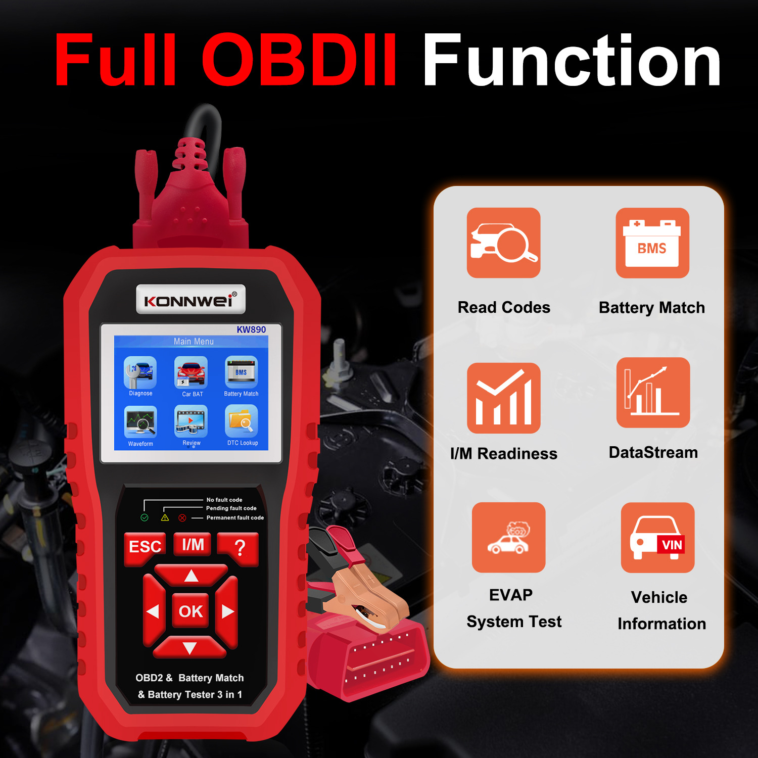 The customized KW880 is a three-in-one machine that integrates automotive diagnostic tools, automotive battery testers, and automotive battery matching Item Picture