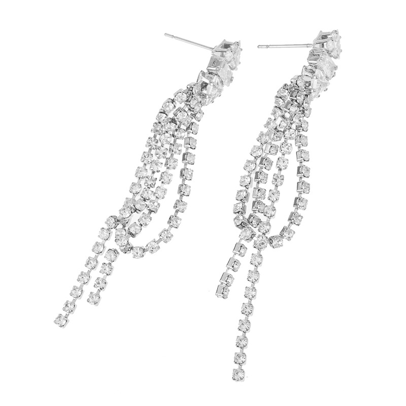 Fashionable, simple and light luxury full-diamond tassel earrings, cross-border European and American accessories, versatile for women's fashion, zircon rhinestone shiny earrings and accessories Specification drawing