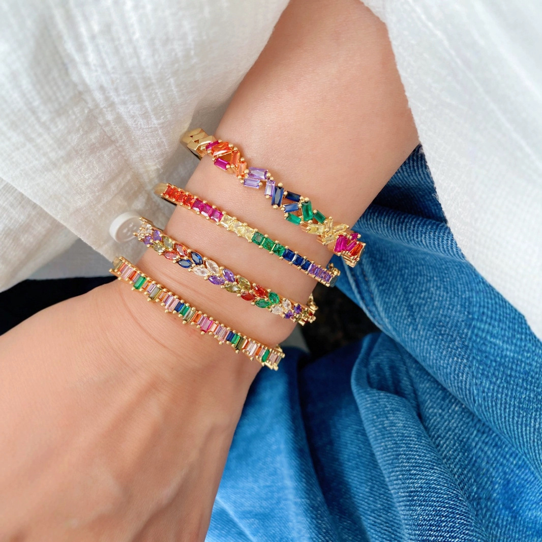 2024 European and American cross-border Edition 18k gold diamond-encrusted bracelet, pure copper electroplated real gold oval clasp rainbow bracelet for ladies full figure