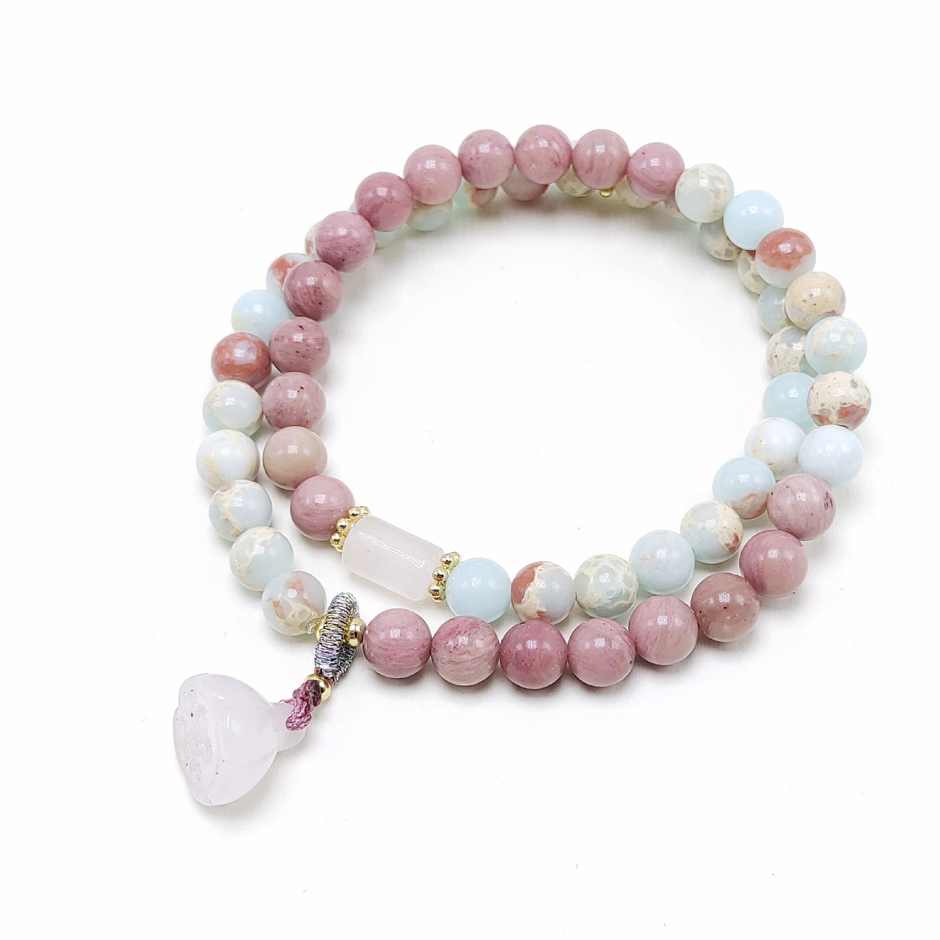 A high-end women's double-ring bracelet featuring a unique design of natural rose and red jasper and Shoushan stone rose crystal lotus pods Item Picture