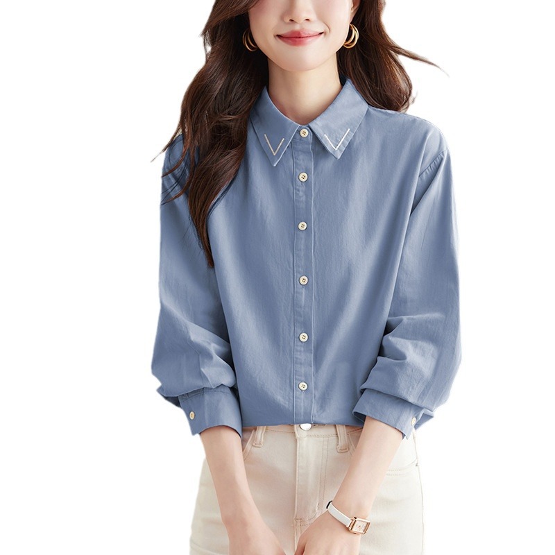 Factory direct sales of combed cotton shirts for women with long sleeves in 2025 spring and autumn. Simple and exquisite pure cotton commuter women's shirts Item Picture