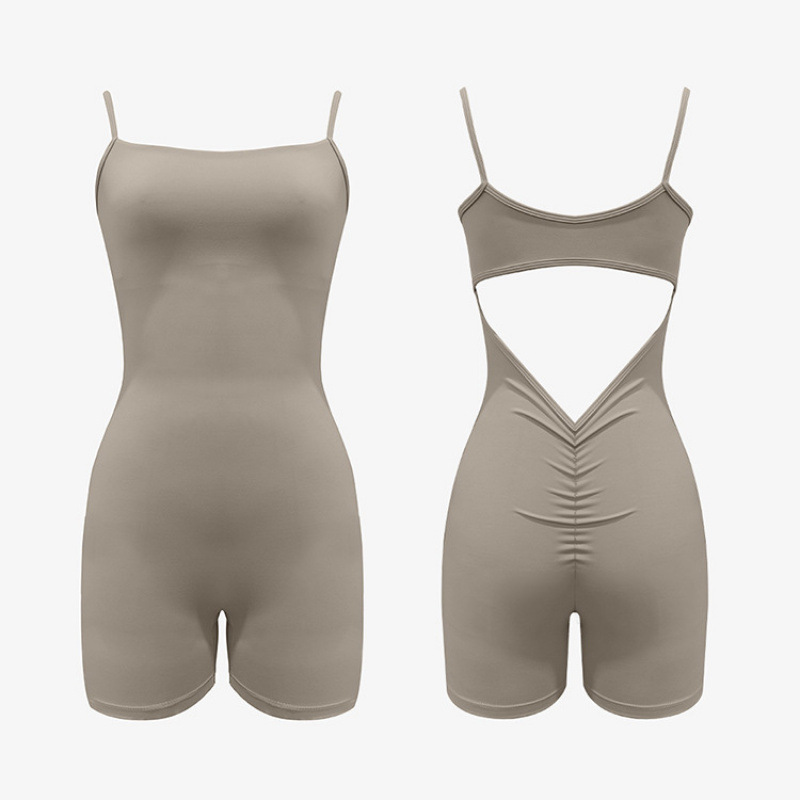 Cross-border one-piece suit with thin shoulder and back, short shorts, one-piece suit with hollowed-out V-waist and pleated yoga one-piece suit Specification drawing