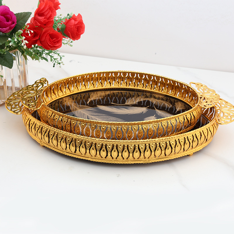 Ironwork mirror tray, light luxury style, glass plate, electric gold, home banquet decoration, fruit storage, cake plate