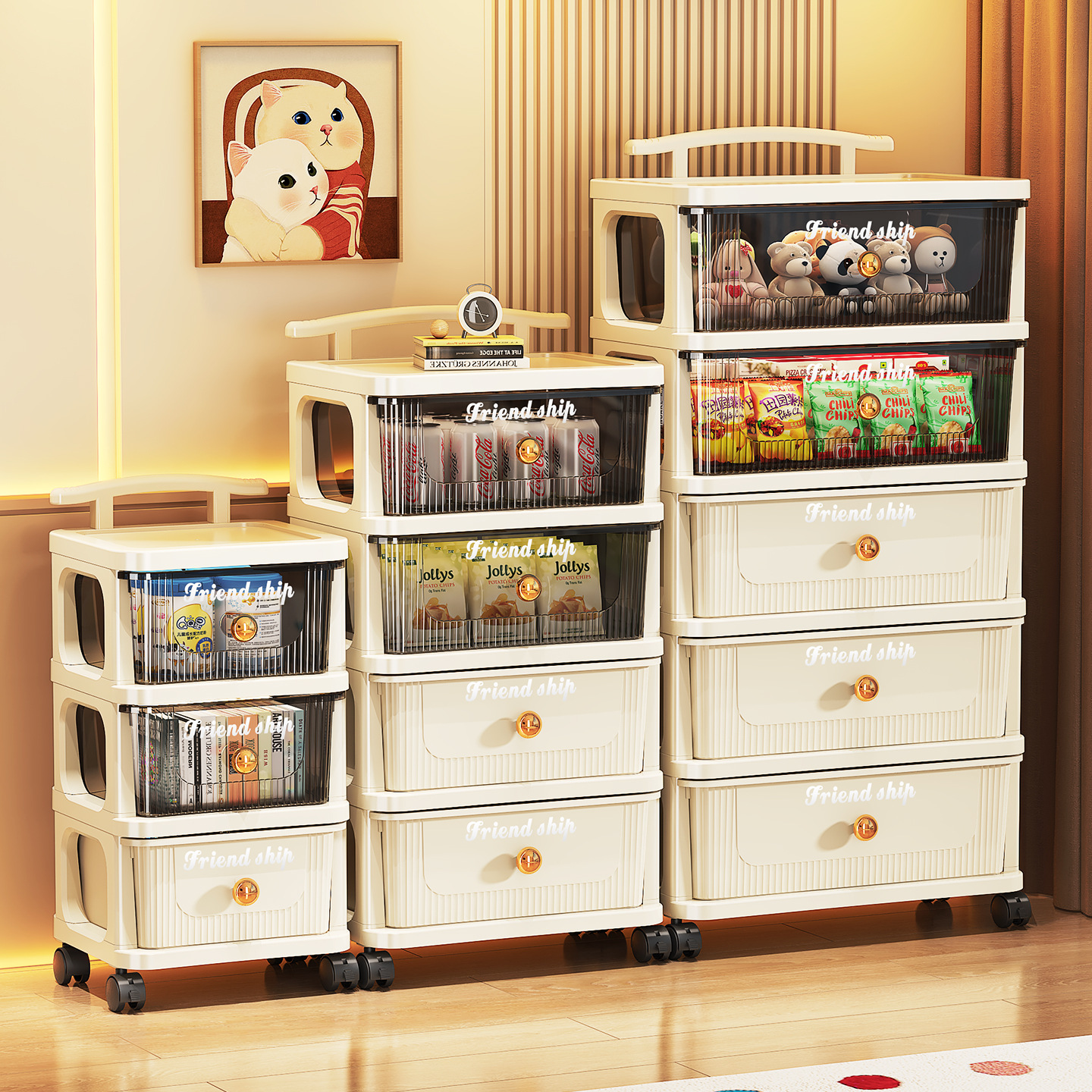 Drawer-type storage cabinet, multi-layer organizing cabinet, storage cabinet, home living room snack cabinet, trolley, storage rack, movable details Picture