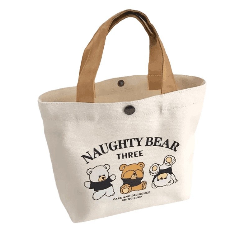 Cross-Border Bear Canvas Bag For Female Students, Portable Work Small Number, Hand-Held Bento Bag, Handbag Canvas Bag For Women, Single-Shoulder Bag, Handbag Storage Bag, Simple Handbag Canvas Bag Item Picture