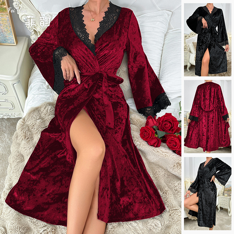Amazon European and American cross-border extended bathrobes, sexy lace light luxury long-sleeved velvet bathrobes, home wear 622