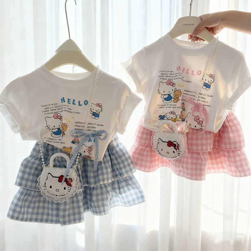 Summer girls' pure cotton short-sleeved T-shirt + skirt two-piece set, children's dress pants sweet two-piece set, baby Specification image