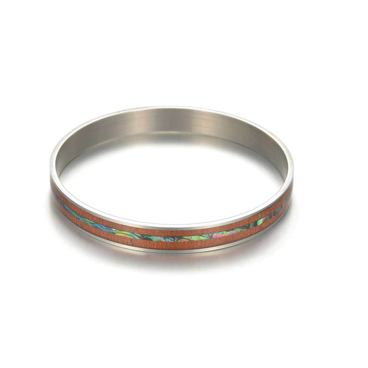 Cross-border European and American Amazon source titanium steel closed bracelet and jewelry wholesale, acacia wood abalone shell titanium steel bracelet Item Picture