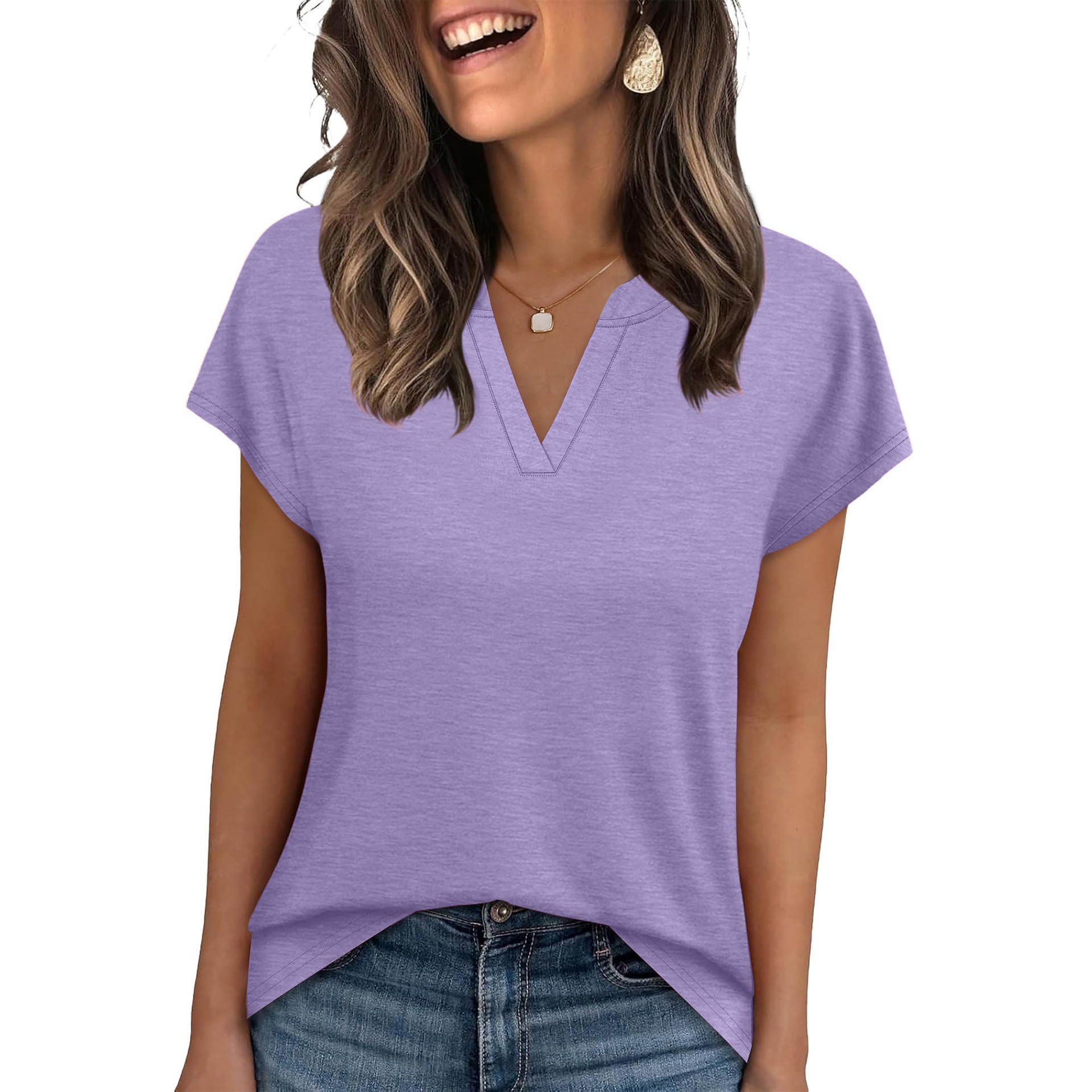 Amazon europa y Estados Unidos cross-border comercio exterior primavera verano 2026 nuevo color sólido cuello V holgado manga corta camiseta tops casuales mujeres details Picture
