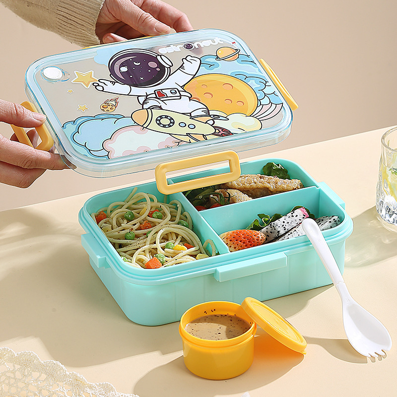 Cartoon three-compartment lunch box, astronaut, dinosaur, unicorn, children's lunch box with salad bowl, sealed bento box, fresh-keeping box Application Scenario