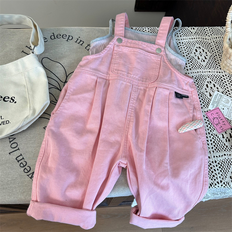 Korean children's clothing 2026 new summer girls' pink overalls, loose jumpsuits and cartoon T-shirts two-piece set, trendy Application Scenario
