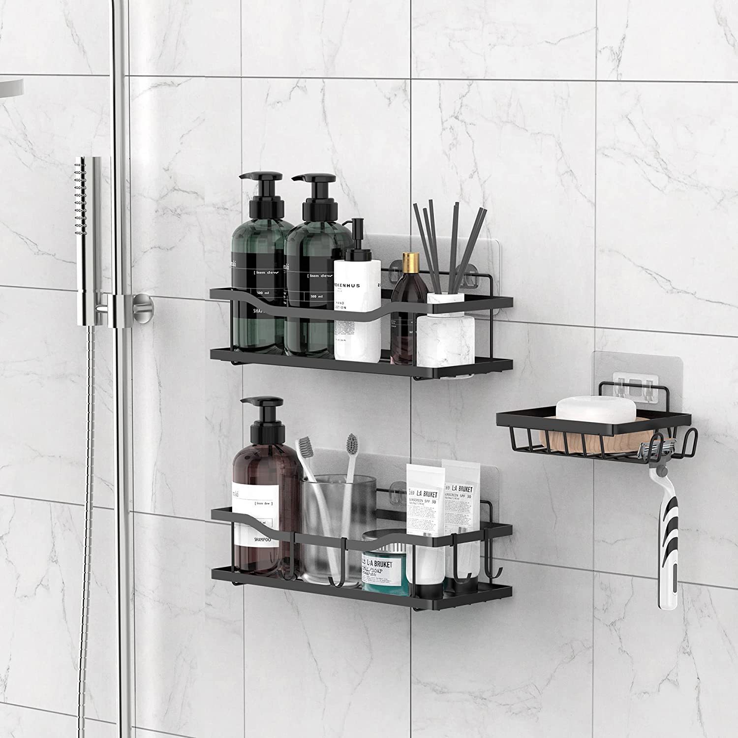 Cross-border wall-mounted ironwork multi-layer shower room toothbrush holder, black square bathroom storage rack, no need for drilling details Picture