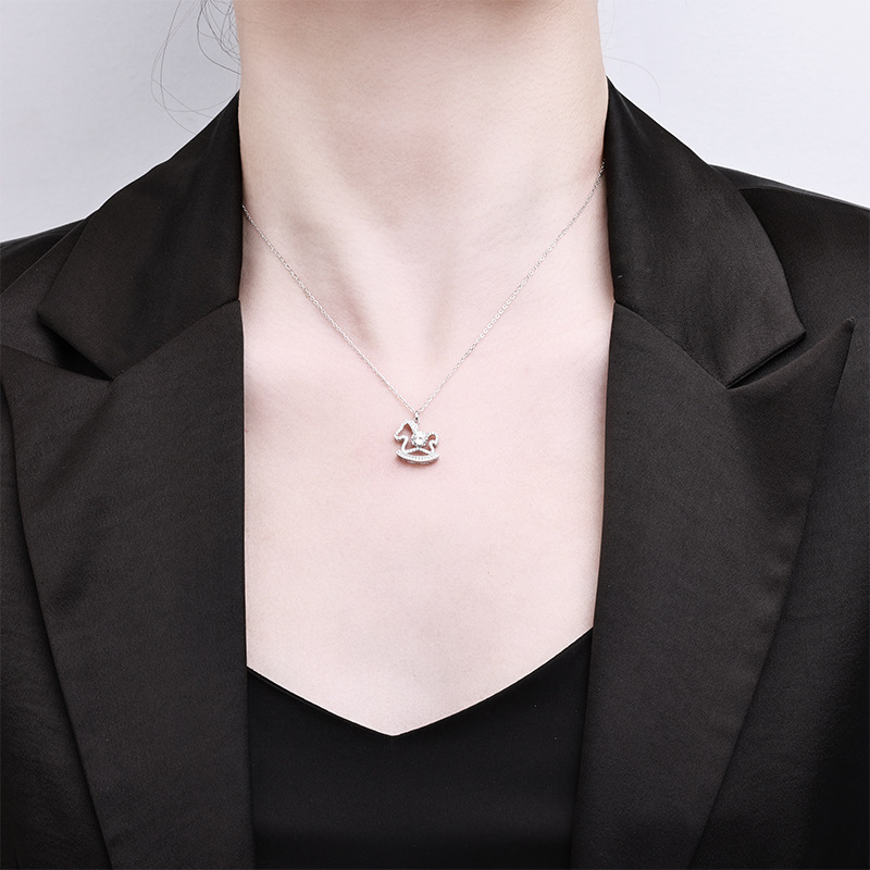 Fairy tale little Wooden Horse necklace, cute and artistic creative collarbone chain for women in summer, silver moissanite pendant, high-end feel, pure silver