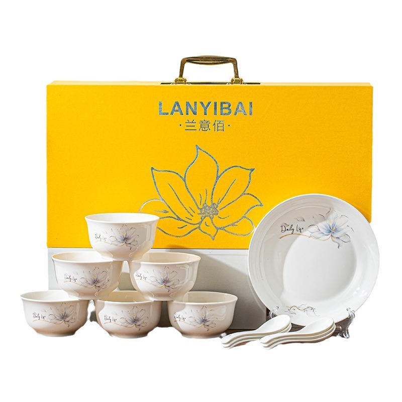 Tableware set gift box, ceramic tableware bowls, plates, spoons, gift bowl combination, practical gifts, souvenirs, opening gift Item Picture