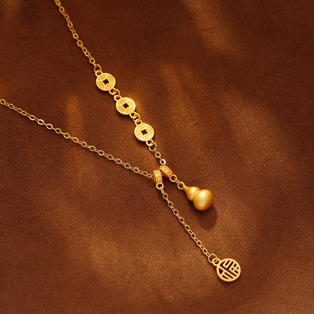 Hyacinth Douyin Live-streaming bestseller "Fu" character gourd pendant necklace for women, ancient method sand gold Five Emperors coin sweater chain, autumn and winter accessories Specification image