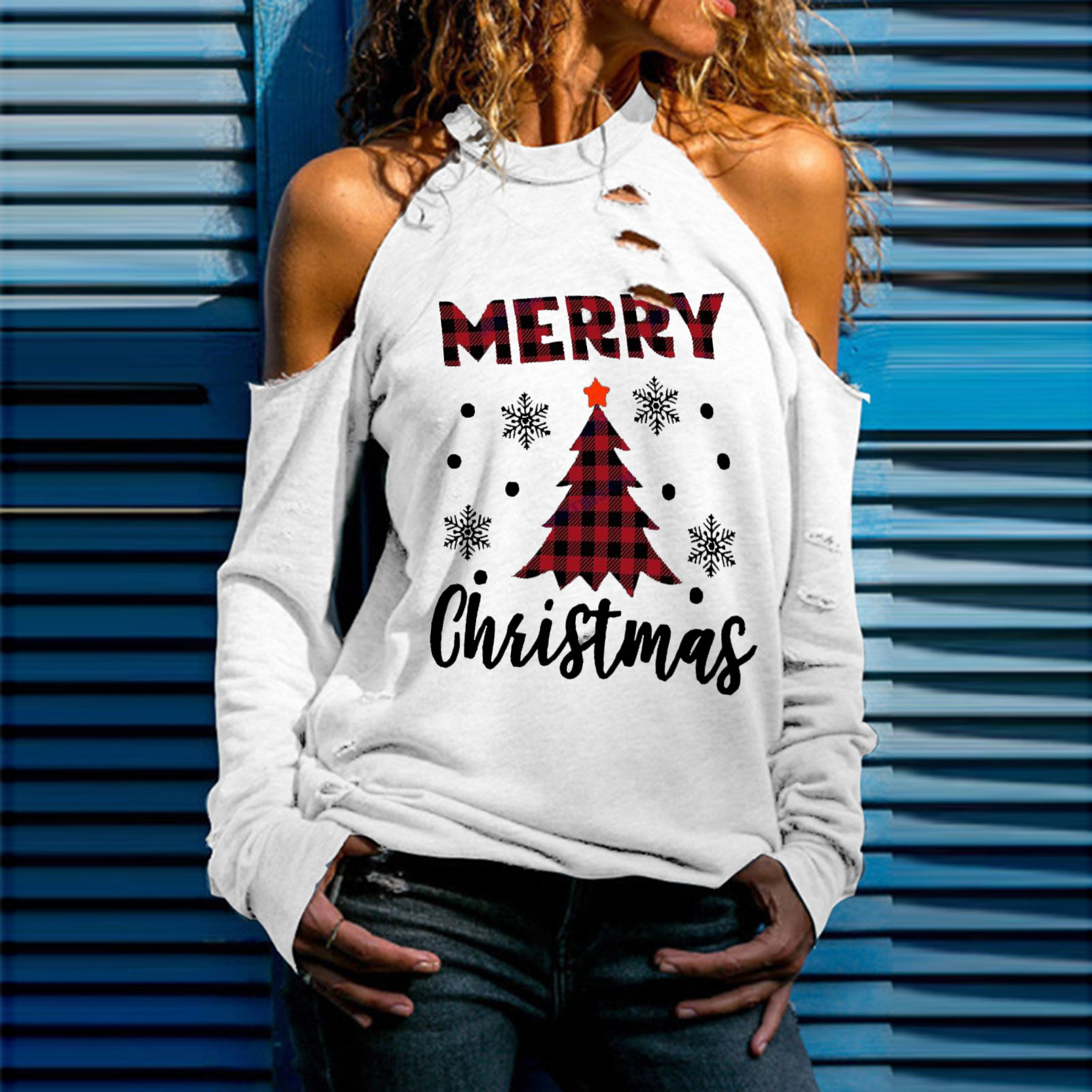 New Christmas long T-shirts and long sleeves, new autumn and winter off-the-shoulder T-shirts from Amazon's independent cross-border e-commerce website Specification drawing