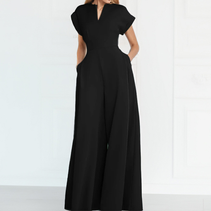 The 2026 Spring new cross-border European and American export women's fashion and elegant V-neck solid color slim wide-leg jumpsuit Specification drawing