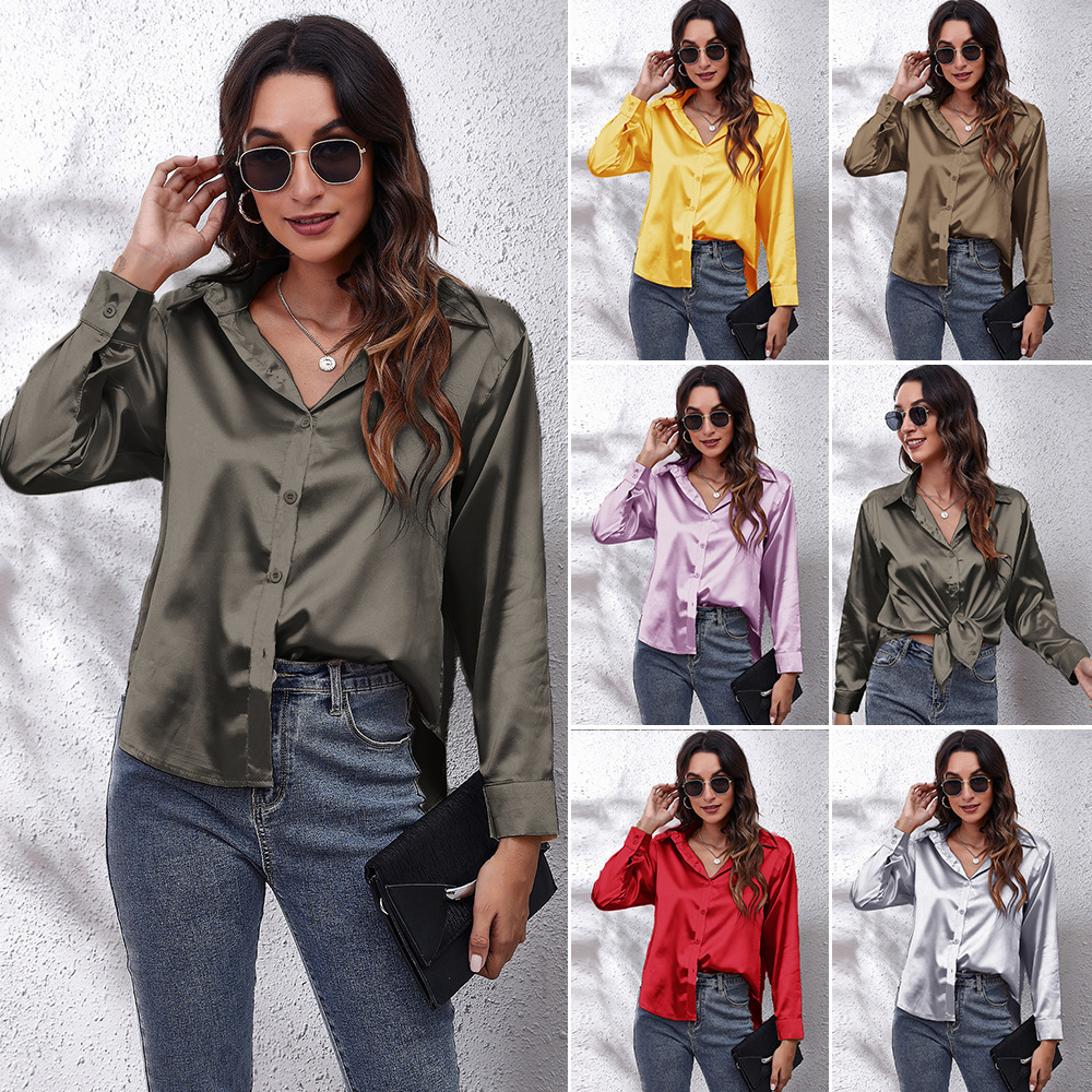 A new style of women's clothing for cross-border trade in Europe and America, featuring a hot-selling color satin shirt and a satin silk-like long-sleeved shirt Specification drawing