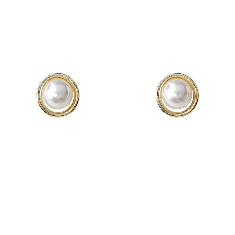 High-end pearl stud earrings, niche women's metal-rimmed earrings, simple and fashionable commuter stud accessories wholesale Item Picture