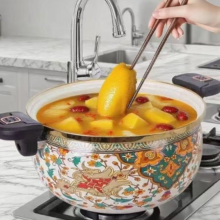 New enamel enamel micro-pressure pot 7L large capacity, flat-bottomed thickened double-ear enamel stew pot and soup pot, large capacity for household use Specification image