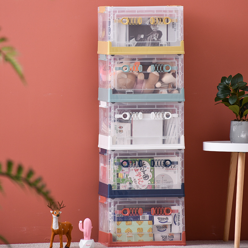 Folding plastic storage box, storage box, children's toy and snack box, household double-door with wheels, transparent box for sundries Application Scenario